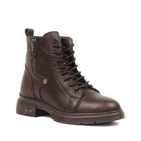 Kadın Kahverengi Çift Fermuarlı Deri Bot