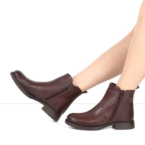 Kadın Kahverengi Çift Fermuarlı Deri Bot