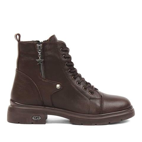 Kadın Kahverengi Çift Fermuarlı Deri Bot