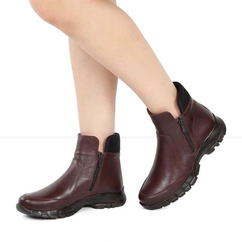 Kadın Kahverengi Çift Fermuarlı Deri Bot