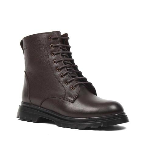 Kadın Kahverengi Bağcıklı Fermuarlı Kalın Topuklu Deri Bot