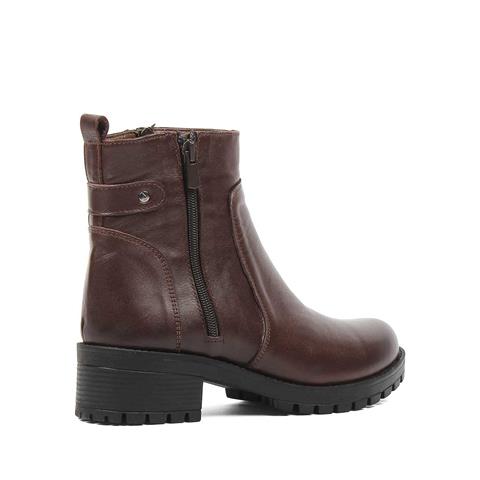 Kadın Kahverengi Çift Fermuarlı Kalın Topuklu Deri Bot