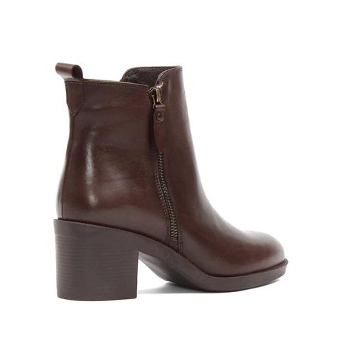 Kadın Kahverengi Çift Fermuarlı Kalın Topuklu Deri Bot