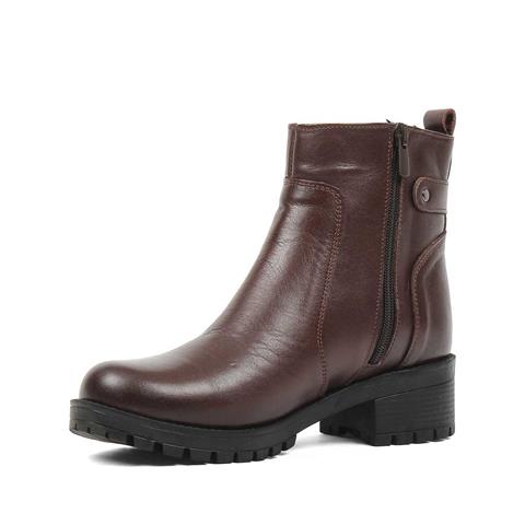 Kadın Kahverengi Çift Fermuarlı Kalın Topuklu Deri Bot