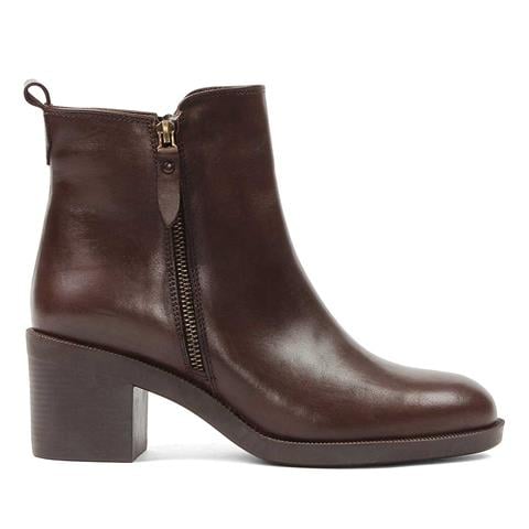 Kadın Kahverengi Çift Fermuarlı Kalın Topuklu Deri Bot