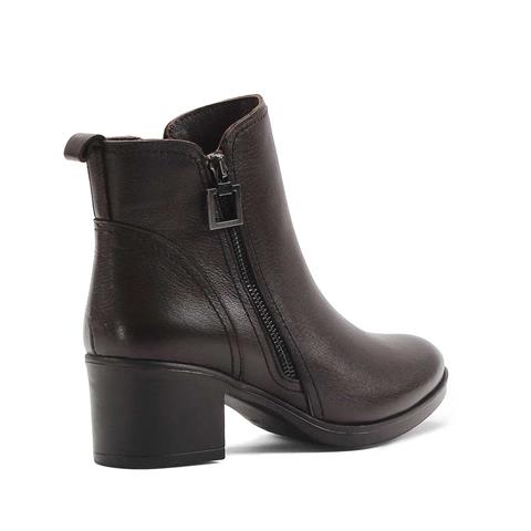 Kadın Kahverengi Çift Fermuarlı Kalın Topuklu Deri Bot