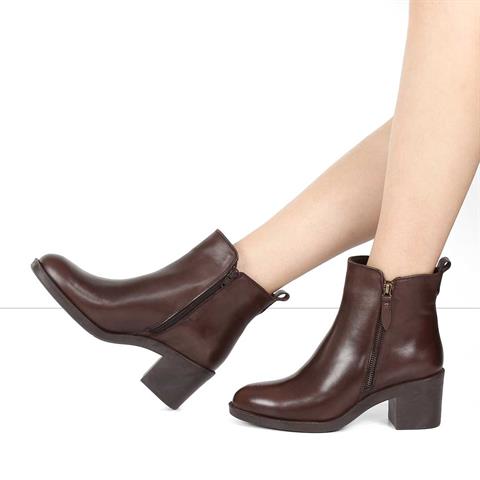 Kadın Kahverengi Çift Fermuarlı Kalın Topuklu Deri Bot