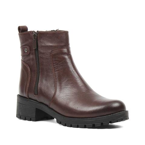 Kadın Kahverengi Çift Fermuarlı Kalın Topuklu Deri Bot