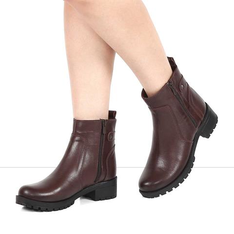 Kadın Kahverengi Çift Fermuarlı Kalın Topuklu Deri Bot