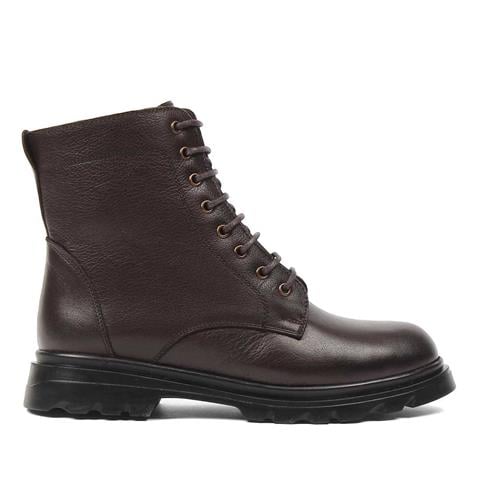 Kadın Kahverengi Bağcıklı Fermuarlı Kalın Topuklu Deri Bot