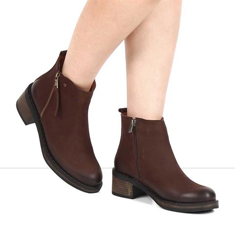 Kadın Kahverengi Çift Fermuarlı Nubuk Deri Bot