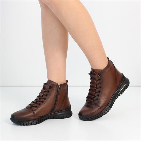 Kadın Kahverengi Fermuarlı Deri Bot