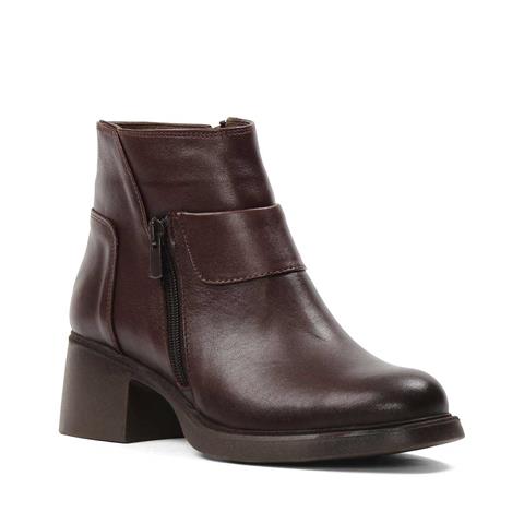 Kadın Kahverengi Fermuarlı Kalın Topuklu Deri Bot