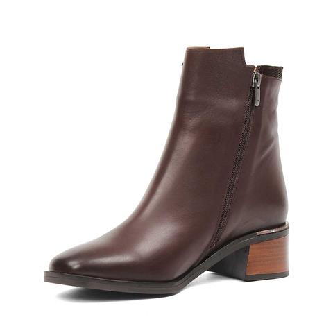 Kadın Kahverengi Fermuarlı Kalın Topuklu Deri Bot