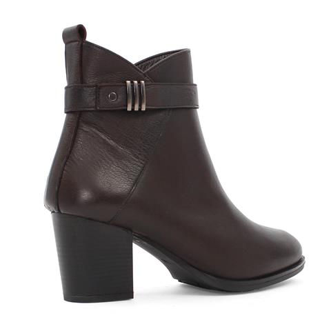 Kadın Kahverengi Fermuarlı Kalın Topuklu Deri Bot