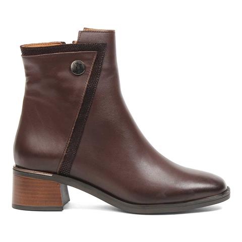 Kadın Kahverengi Fermuarlı Kalın Topuklu Deri Bot