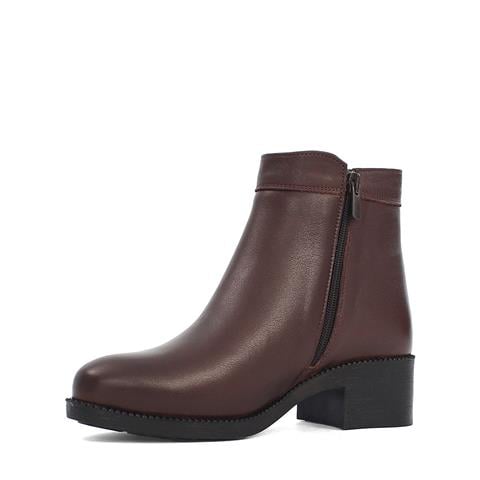 Kadın Kahverengi Fermuarlı Kalın Topuklu Deri Bot