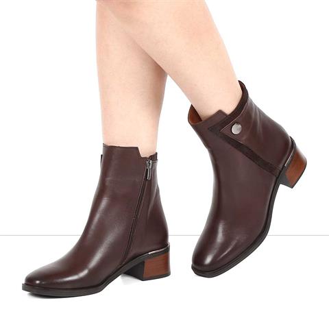 Kadın Kahverengi Fermuarlı Kalın Topuklu Deri Bot
