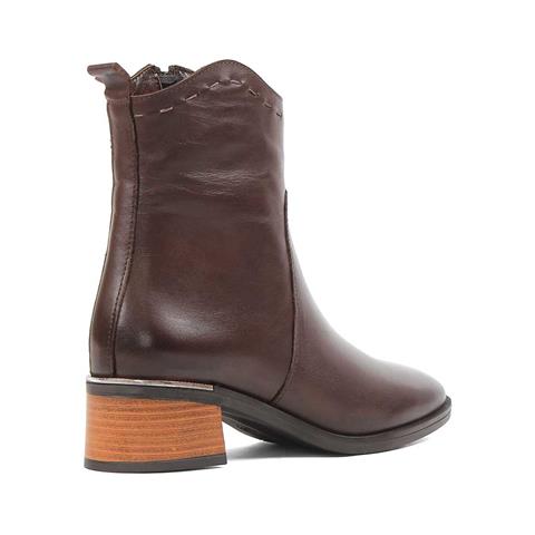 Kadın Kahverengi Fermuarlı Kalın Topuklu Deri Bot