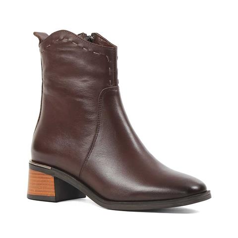 Kadın Kahverengi Fermuarlı Kalın Topuklu Deri Bot