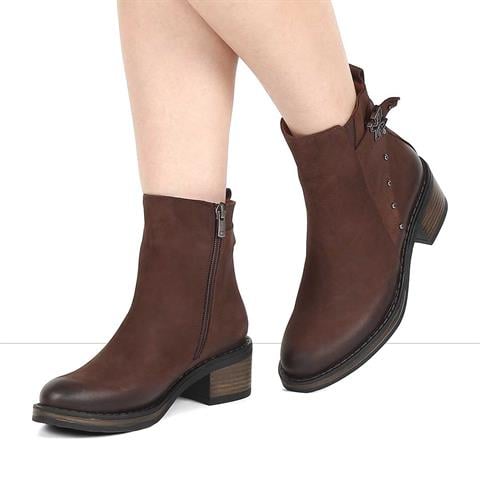 Kadın Kahverengi Fermuarlı Nubuk Deri Bot