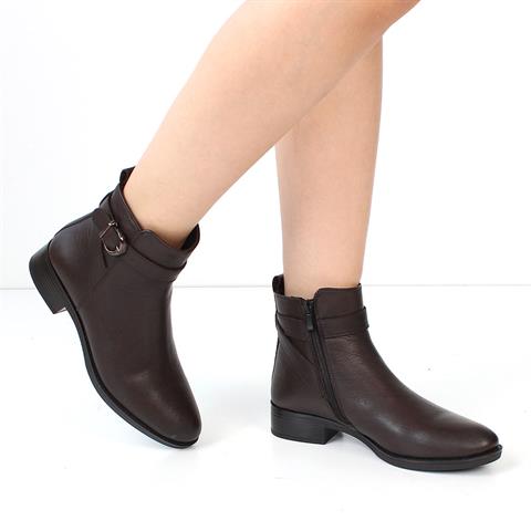 Kadın Kahverengi Fermuarlı Toka Detaylı Deri Bot