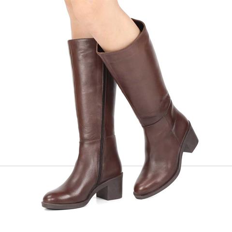 Kadın Kahverengi Fermuarlı Topuklu Deri Çizme