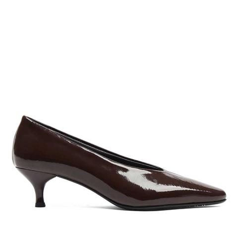 Kadın Kahverengi İnce Topuklu Rugan Deri Klasik Ayakkabı