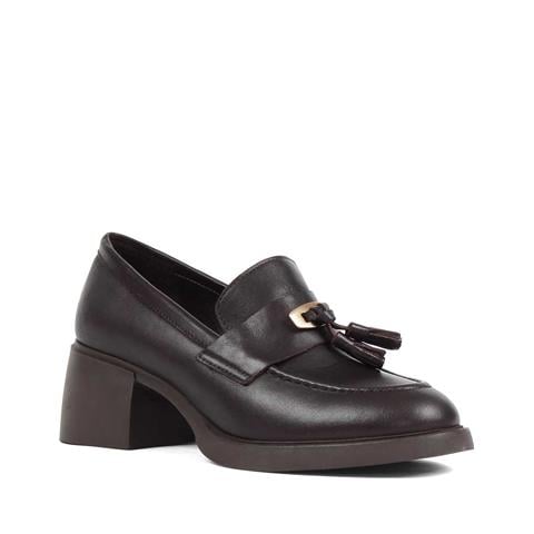 Kadın Kahverengi Kalın Topuklu Deri Klasik Ayakkabı