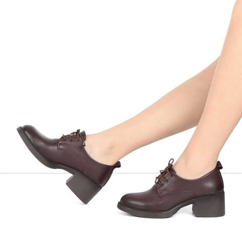 Kadın Kahverengi Kalın Topuklu Deri Klasik Ayakkabı