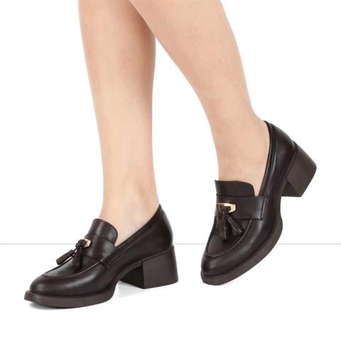 Kadın Kahverengi Kalın Topuklu Deri Klasik Ayakkabı