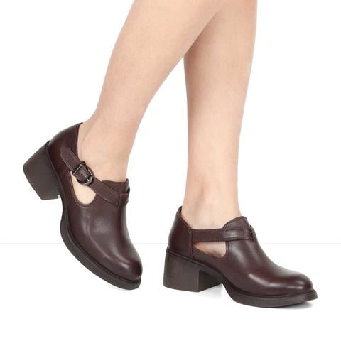 Kadın Kahverengi Kalın Topuklu Deri Klasik Ayakkabı