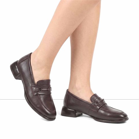 Kadın Kahverengi Kalın Topuklu Deri Loafer