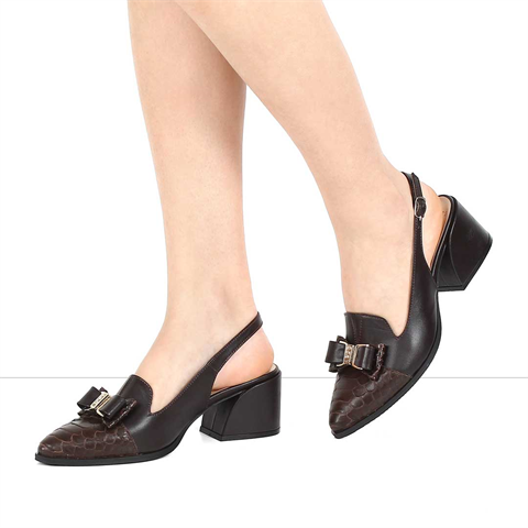 Kadın Kahverengi Kalın Topuklu Kroko Deri Ayakkabı