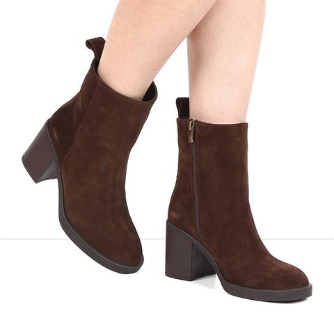 Kadın Kahverengi Kalın Topuklu Süet Deri Bot