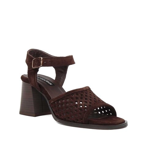 Kadın Kahverengi Kalın Topuklu Süet Deri Sandalet