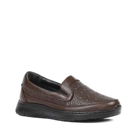 Kadın Kahverengi Lastikli Desenli Deri Ayakkabı