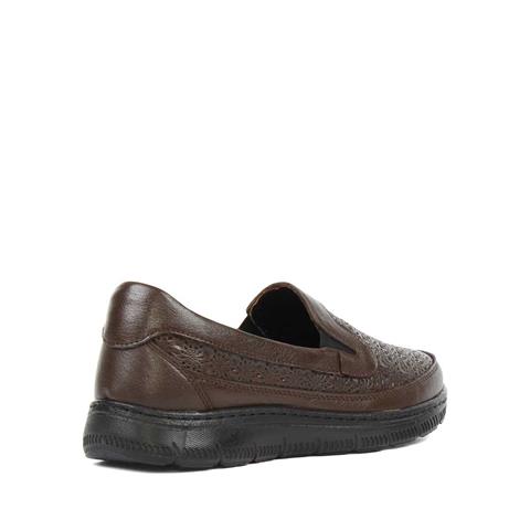 Kadın Kahverengi Lastikli Desenli Deri Ayakkabı