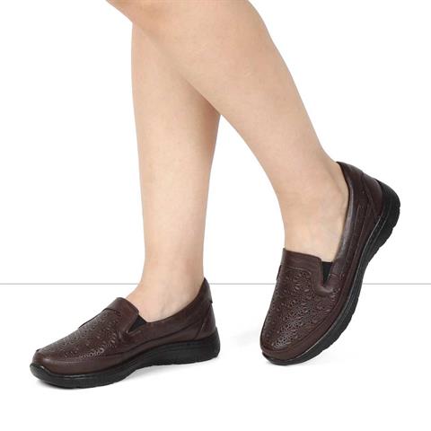 Kadın Kahverengi Lastikli Desenli Deri Ayakkabı