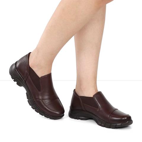 Kadın Kahverengi Lastikli Kalın Tabanlı Deri Ayakkabı