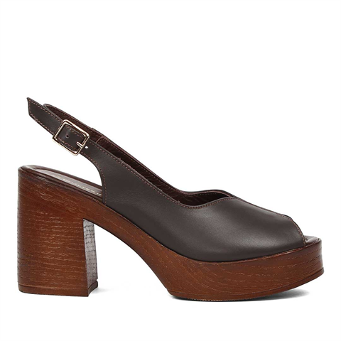 Kadın Kahverengi Platform Topuklu Deri Sandalet