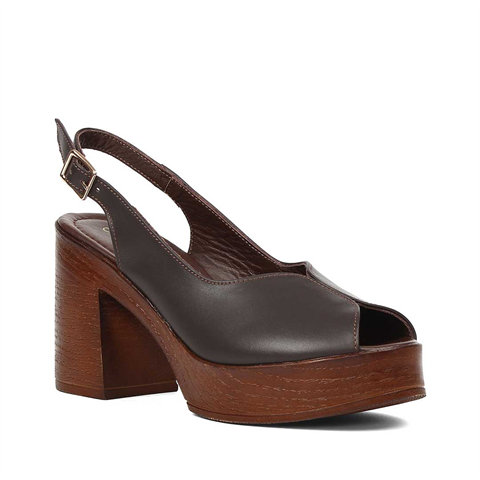 Kadın Kahverengi Platform Topuklu Deri Sandalet