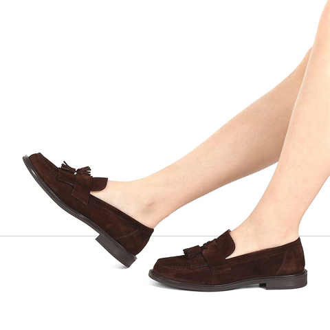 Kadın Kahverengi Püsküllü Süet Deri Loafer