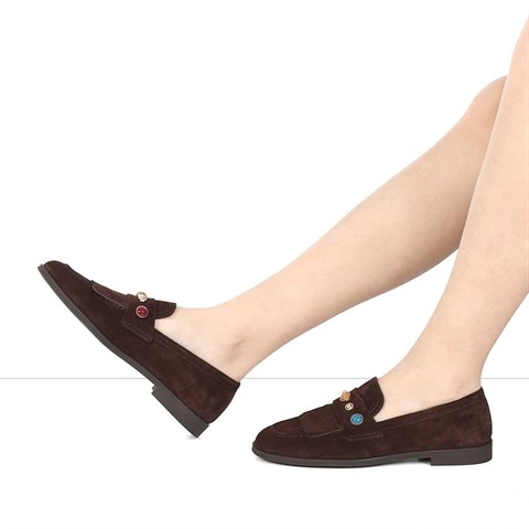 Kadın Kahverengi Püsküllü Süet Deri Loafer