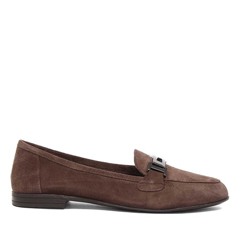 Kadın Kahverengi Süet Tokalı Deri Loafer