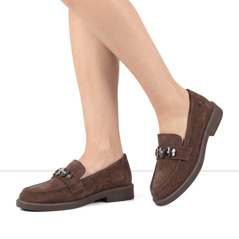 Kadın Kahverengi Süet Tokalı Deri Loafer