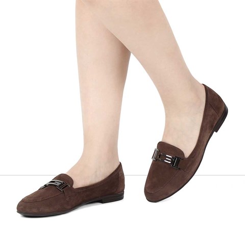 Kadın Kahverengi Süet Tokalı Deri Loafer