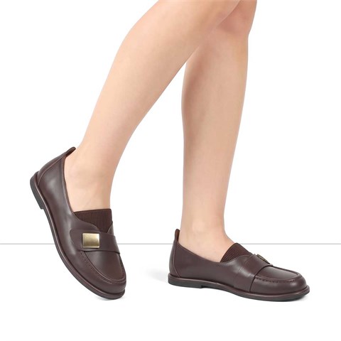 Kadın Kahverengi Tokalı Deri Loafer