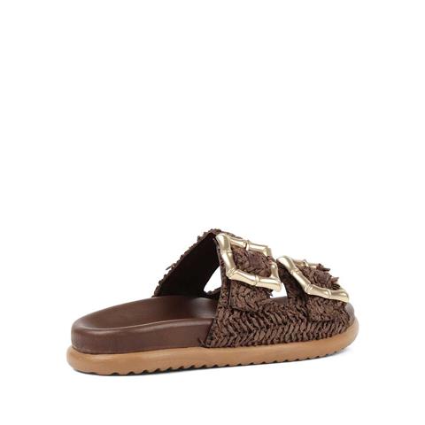 Kadın Kahverengi Tokalı Hasır Deri Terlik