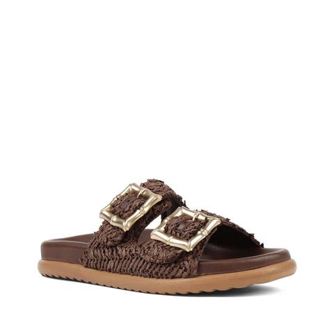 Kadın Kahverengi Tokalı Hasır Deri Terlik